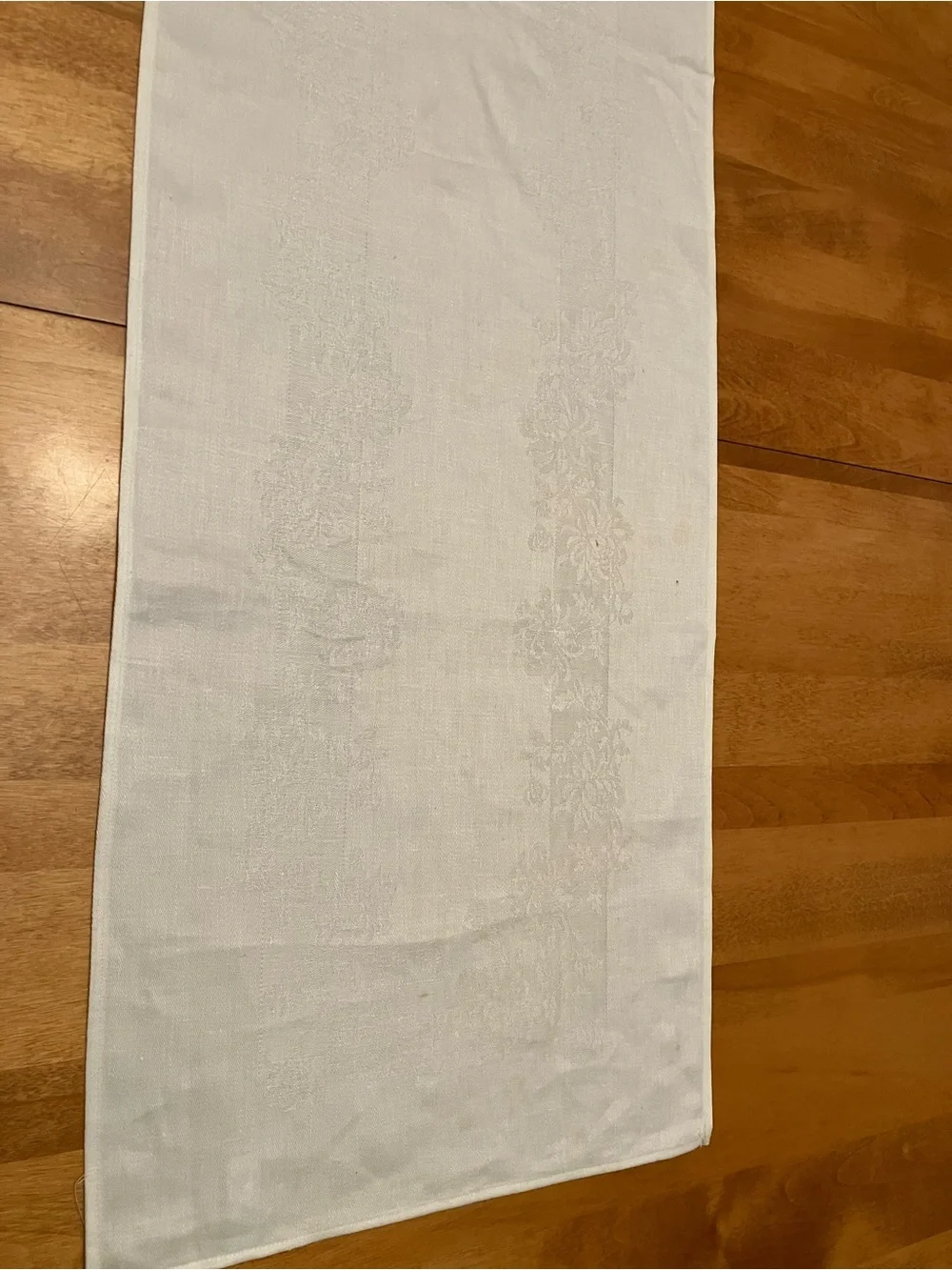 Vintage 100% Irish Linen Double Damask Table Runner White Floral, 45” x 12.25”